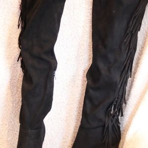 Black Knee High Boots with Fringe